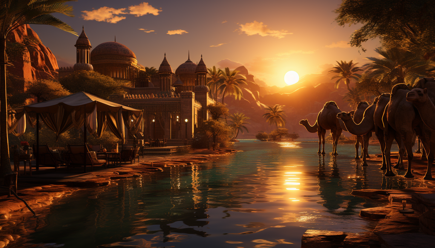 Desert oasis at sunset, with palm trees, a tranquil pool, nomadic tents, camels resting, and the golden sun setting behind sand dunes.