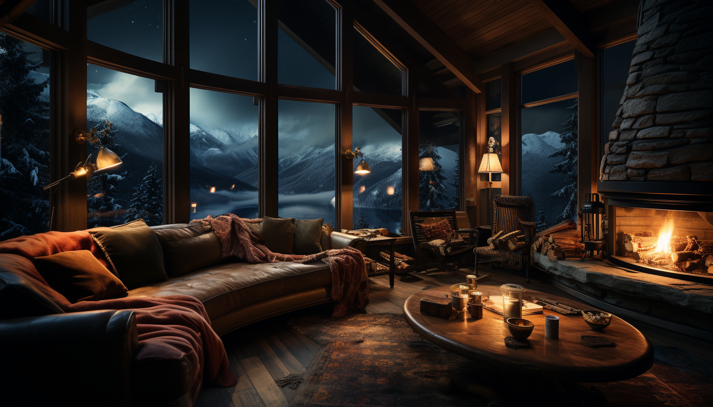 Cozy mountain cabin at night, with a roaring fireplace, snow falling outside, and a view of the northern lights through the window.