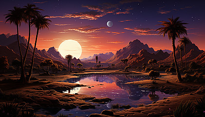 Desert oasis at twilight, with a tranquil pond, palm trees, a group of camels resting, and a star-filled sky above ancient sand dunes.