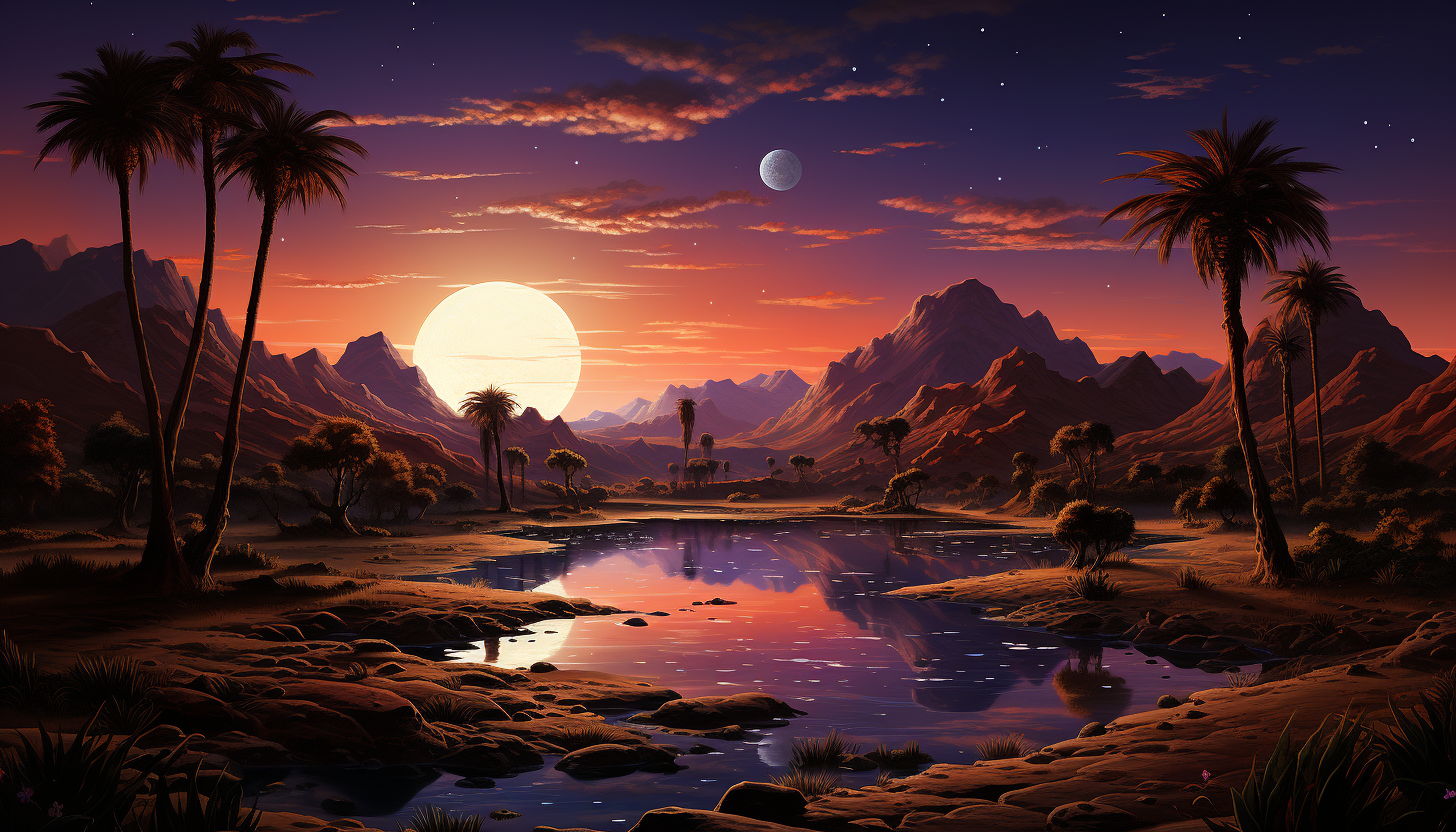 Desert oasis at twilight, with a tranquil pond, palm trees, a group of camels resting, and a star-filled sky above ancient sand dunes.