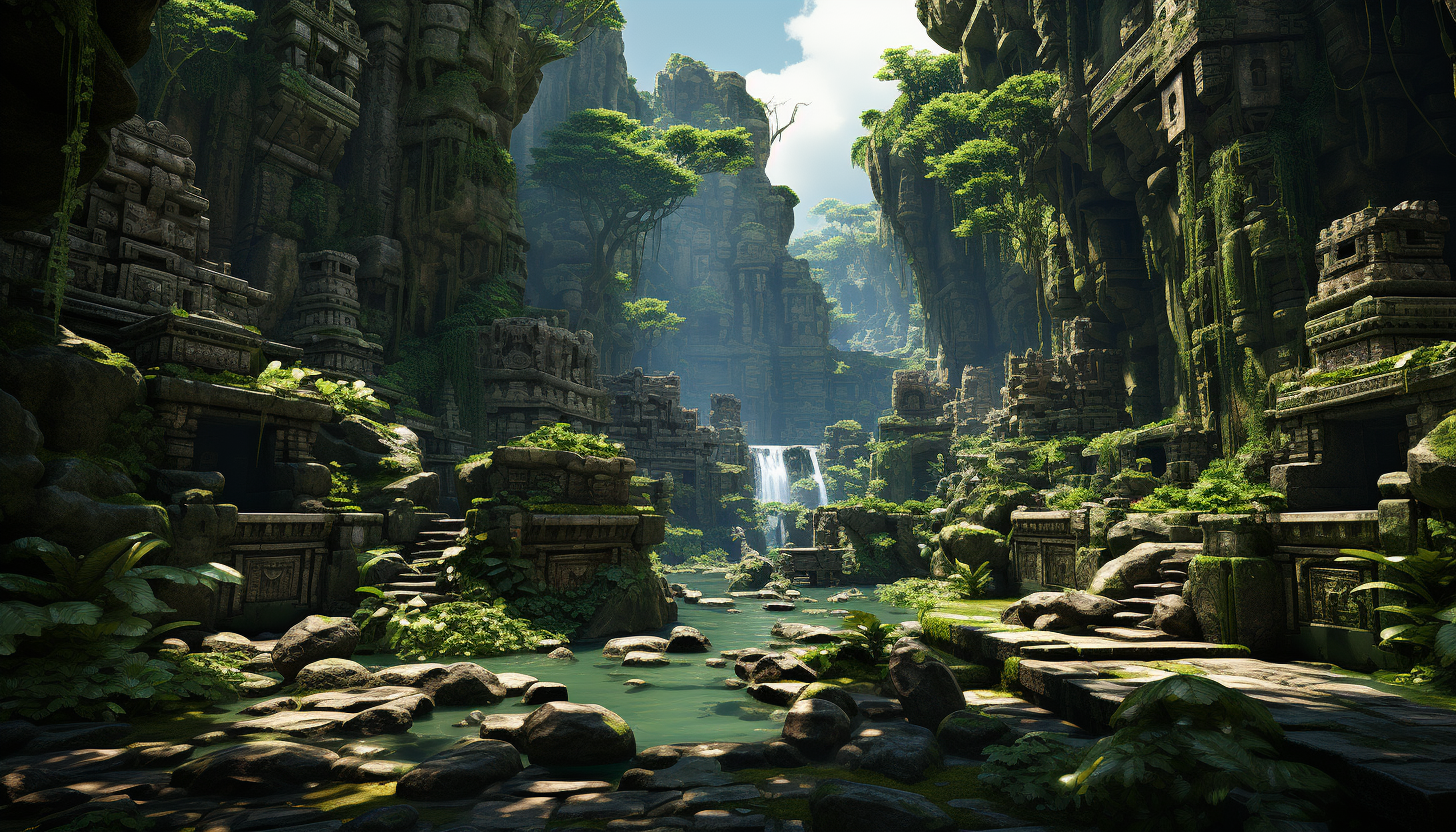 A hidden valley with a lost civilization, ancient ruins overgrown with jungle, mysterious statues, and a shimmering waterfall.