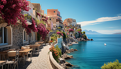 Mediterranean coastal village, white-washed buildings, blue domes, flowering balconies, and fishing boats in the azure sea.