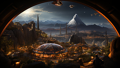 A futuristic Martian colony under a dome, with red rocky landscapes, advanced habitats, astronauts exploring, and Earth visible in the sky.