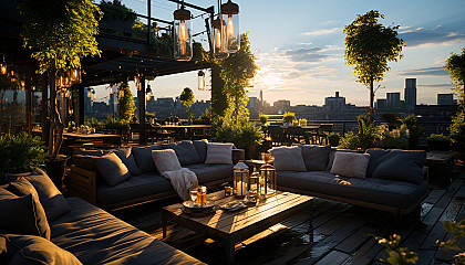 Lush rooftop garden in an urban environment, featuring a variety of green plants, hanging lights, comfortable seating, and a skyline view.
