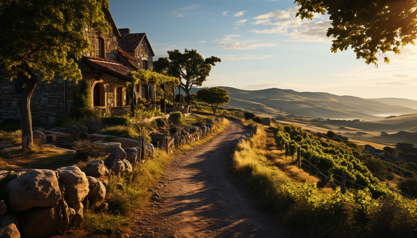 Rustic vineyard at golden hour, with rows of grapevines, a quaint stone farmhouse, and rolling hills in the background.