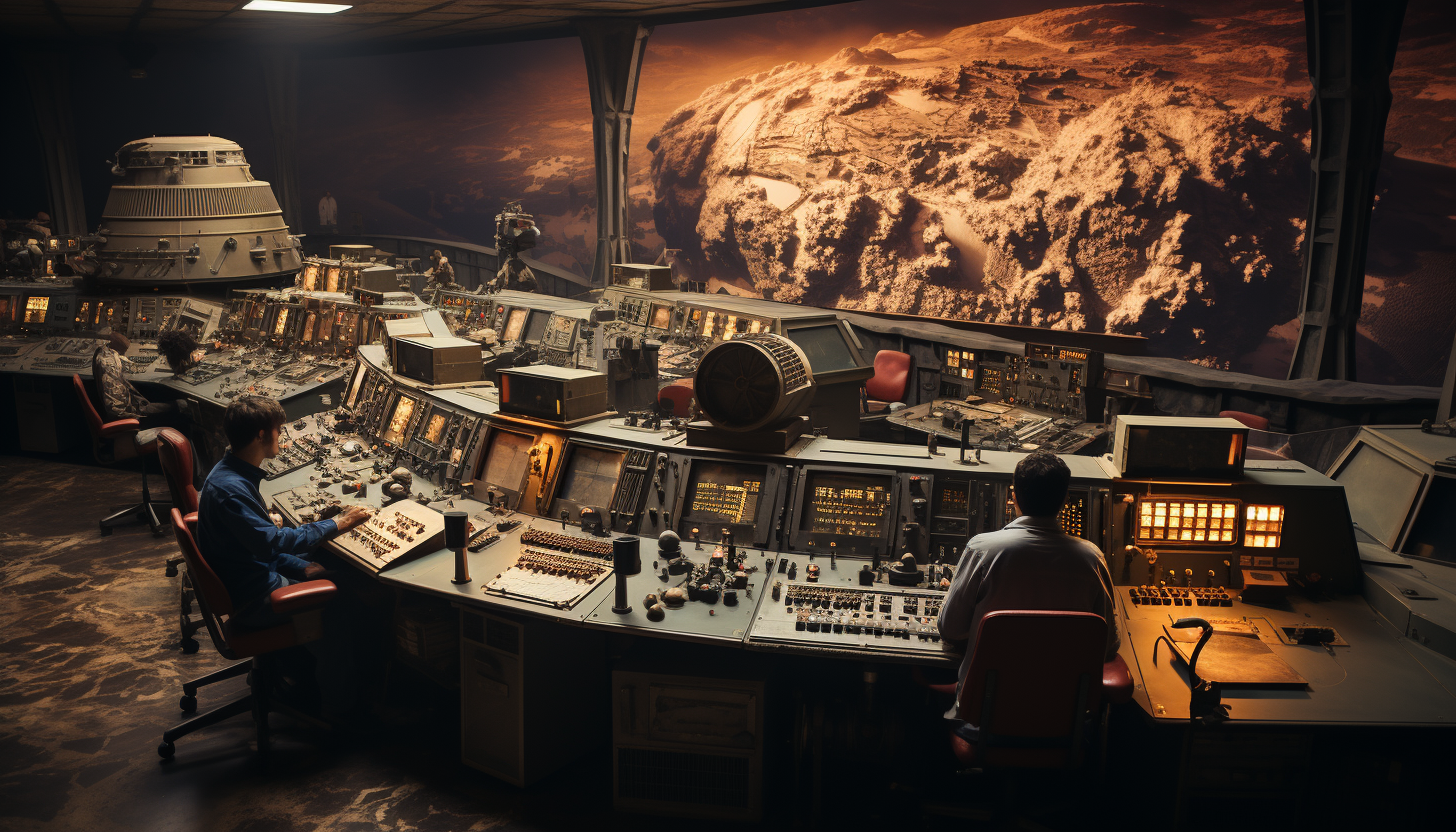 Apollo-era NASA mission control room, with vintage computers, large control panels, engineers at work, and a giant screen showing the moon.