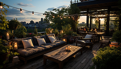 Lush rooftop garden in an urban environment, featuring a variety of green plants, hanging lights, comfortable seating, and a skyline view.