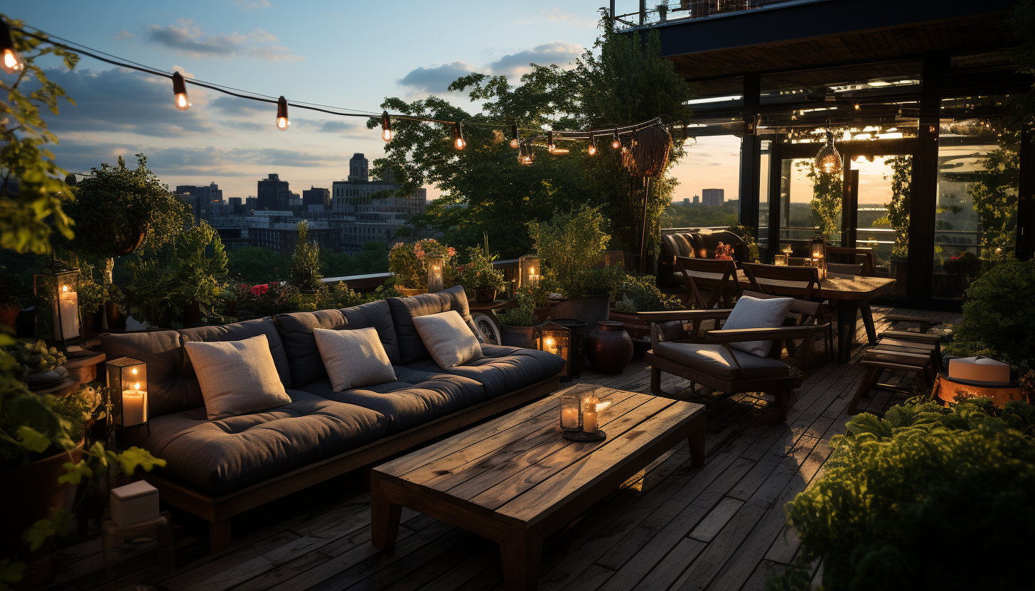 Lush rooftop garden in an urban environment, featuring a variety of green plants, hanging lights, comfortable seating, and a skyline view.