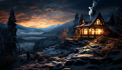 Cozy mountain cabin in winter, surrounded by snow-covered trees, smoke rising from the chimney, and a night sky filled with stars.