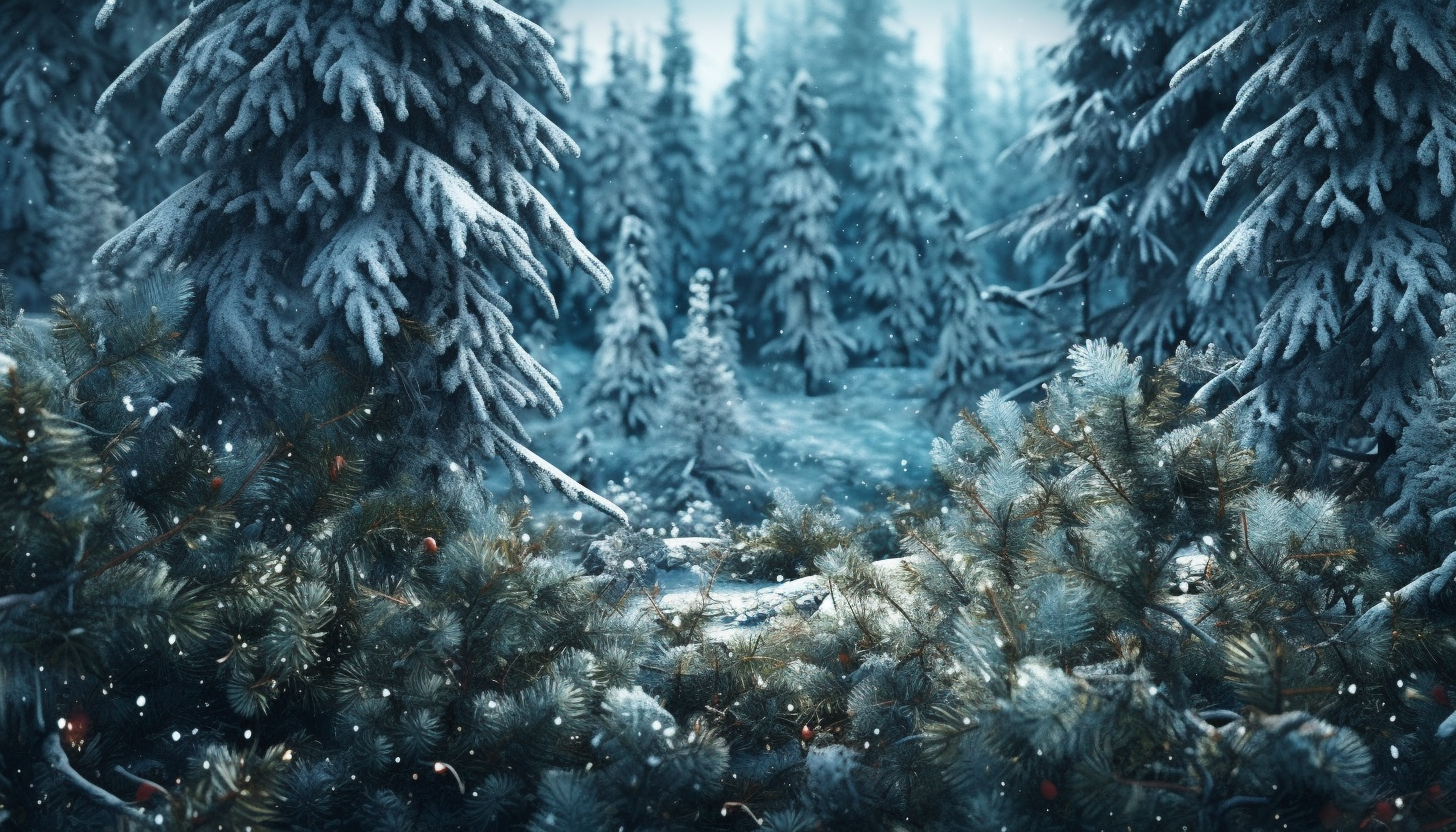 Snowflakes delicately resting on pine branches in a silent forest.