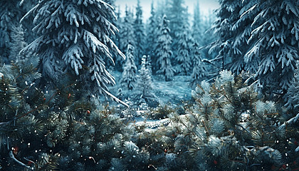 Snowflakes delicately resting on pine branches in a silent forest.