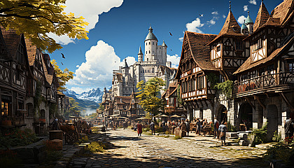 Medieval village during a festival, with market stalls, jugglers, knights in armor, a castle in the distance, and villagers in period attire.