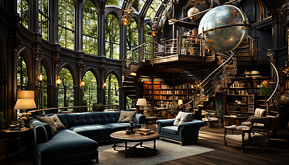Grand library with towering bookshelves, a spiral staircase, antique globes, and cozy reading areas with classic armchairs.