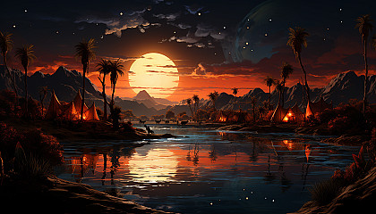 Desert oasis at sunset, featuring a tranquil pond, palm trees, camels resting, and a Bedouin tent under a starry sky.