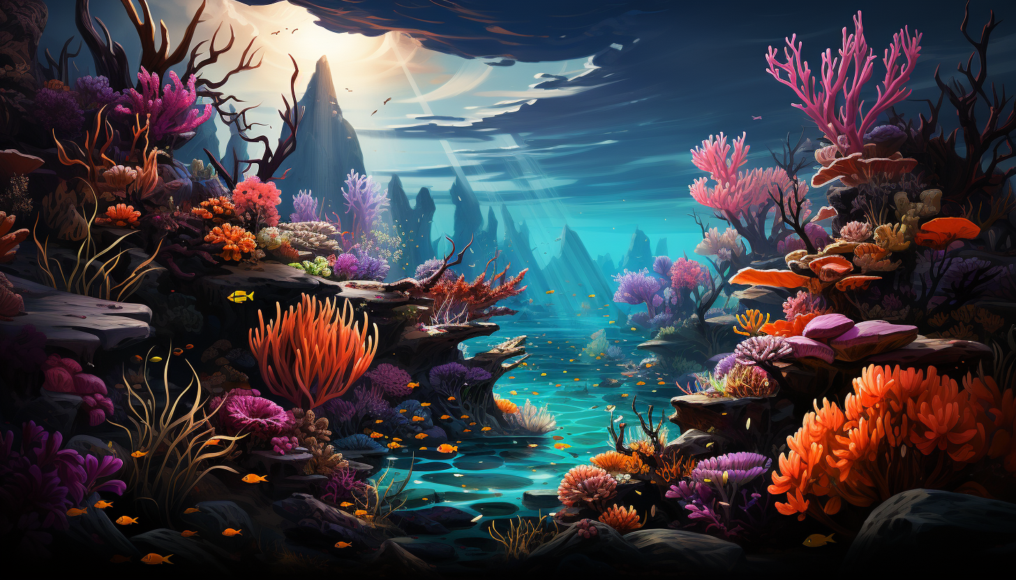 Vibrant coral garden underwater, teeming with colorful sea anemones, clownfish, a gentle sea turtle, and sunken treasure.