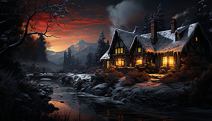 Quaint cottage in a snowy woodland, with warm light from windows, smoke from the chimney, and wild animals peering from the forest.
