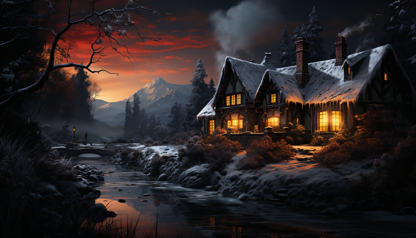 Quaint cottage in a snowy woodland, with warm light from windows, smoke from the chimney, and wild animals peering from the forest.