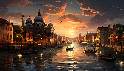 Traditional Venetian canal scene, gondolas gliding through the water, historic buildings lining the banks, and a sunset casting golden hues.