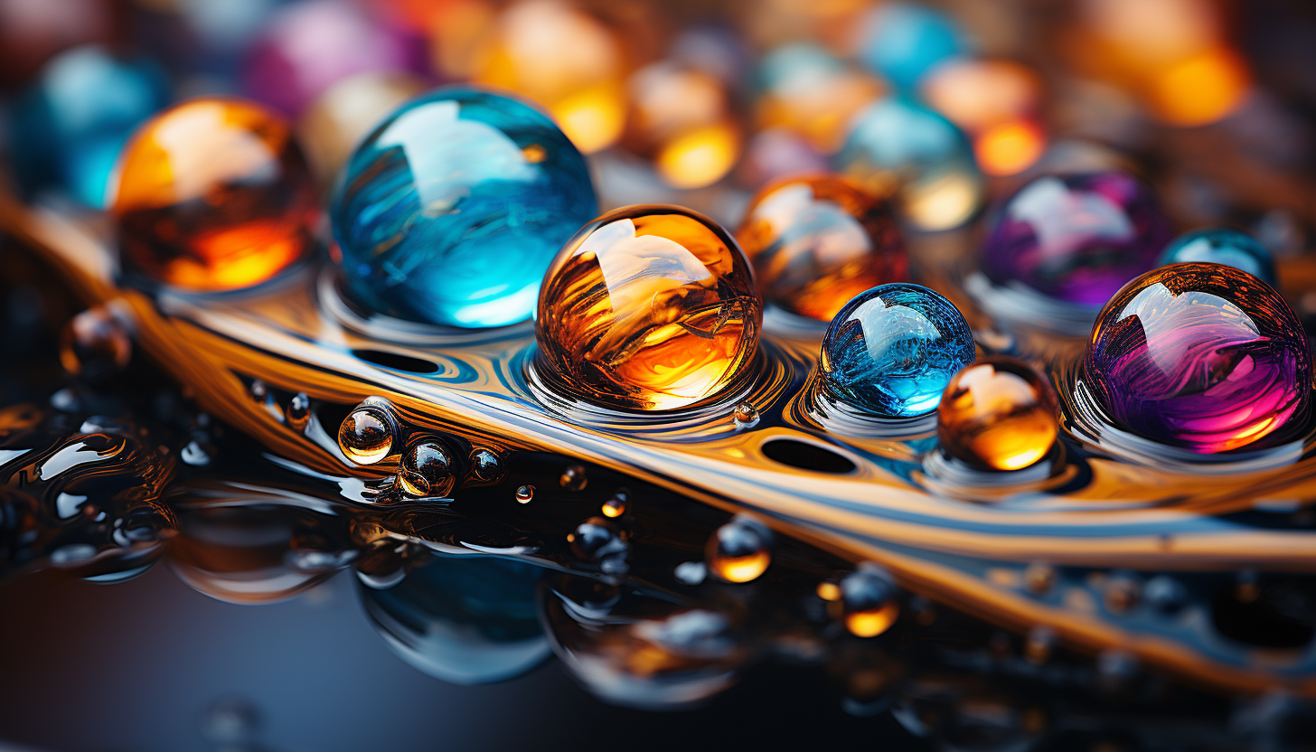 Close-up of iridescent bubbles reflecting the surrounding colors.