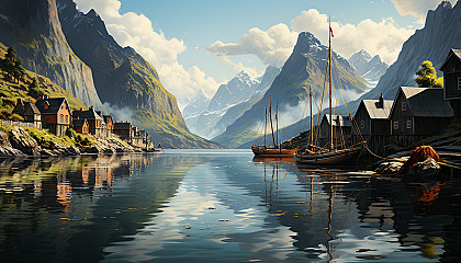 A tranquil Scandinavian fjord in early morning, small fishing boats, colorful wooden houses, and towering cliffs reflected in the still water.