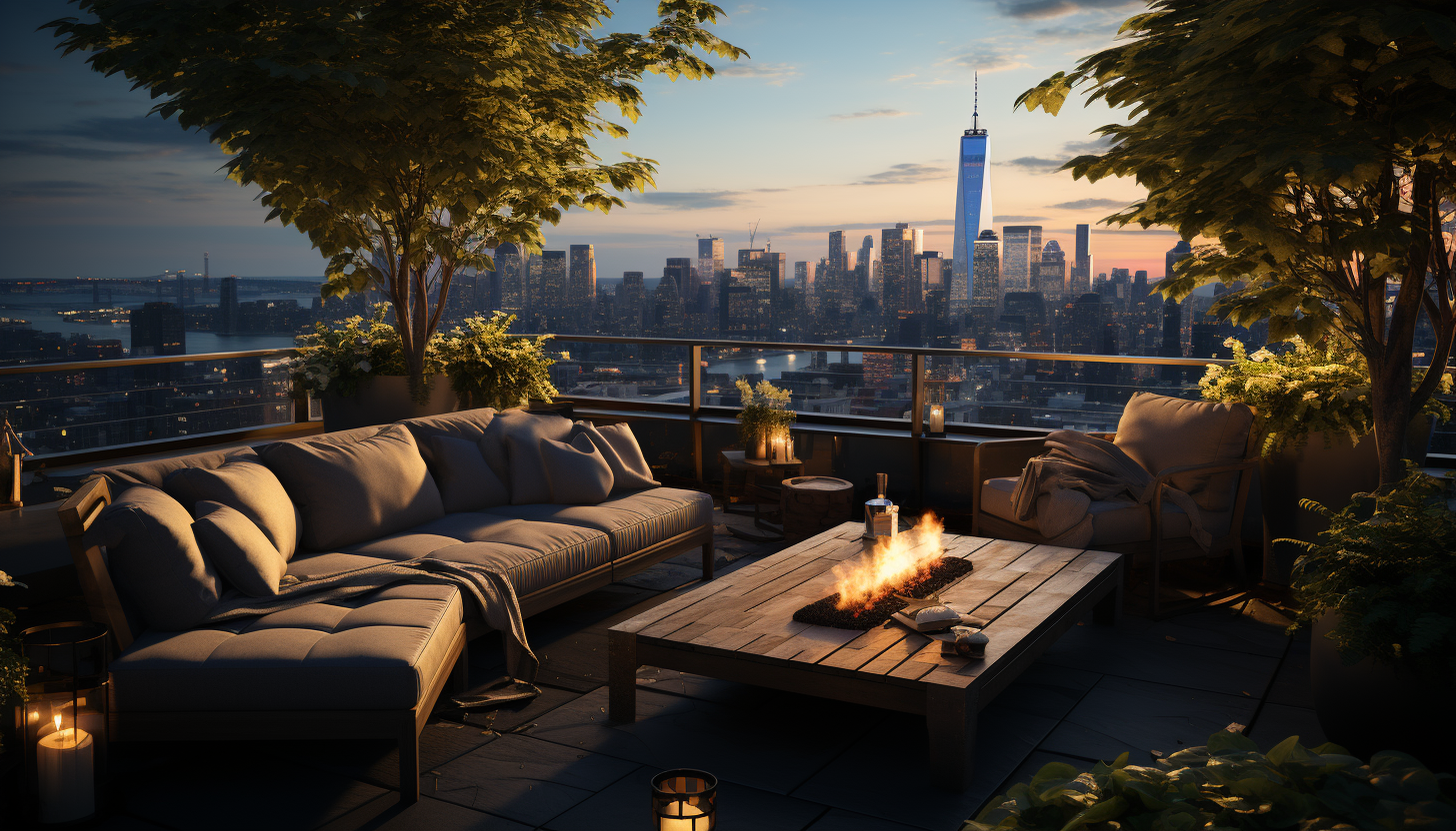 Modern city rooftop garden, with a variety of plants, comfortable seating, city skyline view, and soft ambient lighting.