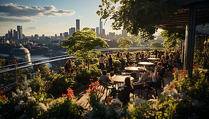 Rooftop garden in a modern city, with a mix of greenery and technology, skyscrapers in the background, and a small group enjoying a picnic.