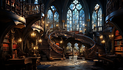 Ancient library filled with towering bookshelves, spiral staircases, mystical artifacts, and soft light filtering through stained glass windows.