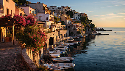 Mediterranean coastal village at sunset, white-washed houses, terracotta roofs, sailboats in the harbor, and blooming bougainvillea.
