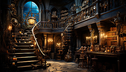 Ancient library with tall bookshelves, rolling ladders, a globe, and a secret passage behind a bookcase, all lit by candlelight.