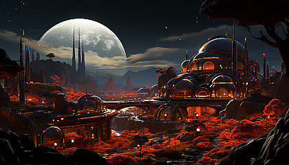 Futuristic Martian colony, with domed habitats, rovers traversing the red landscape, and Earth visible in the night sky.