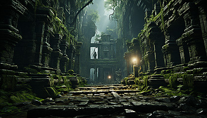Abandoned ancient temple in a dense jungle, with overgrown vines, mysterious statues, and a hidden treasure chest.