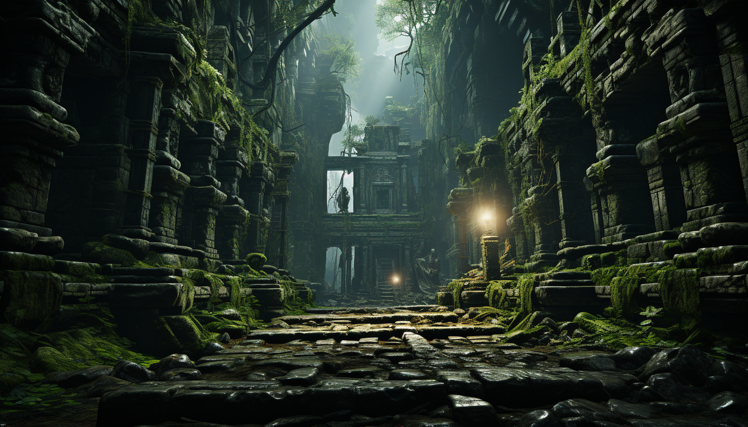 Abandoned ancient temple in a dense jungle, with overgrown vines, mysterious statues, and a hidden treasure chest.