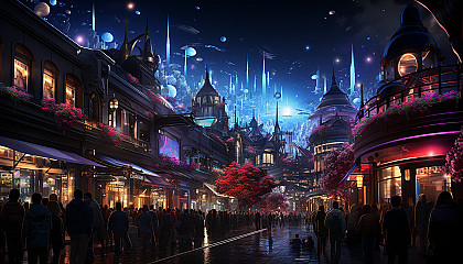 Cyberpunk alley in a neon-lit city, with holographic signs, futuristic street vendors, and a diverse crowd of cyber-enhanced citizens.