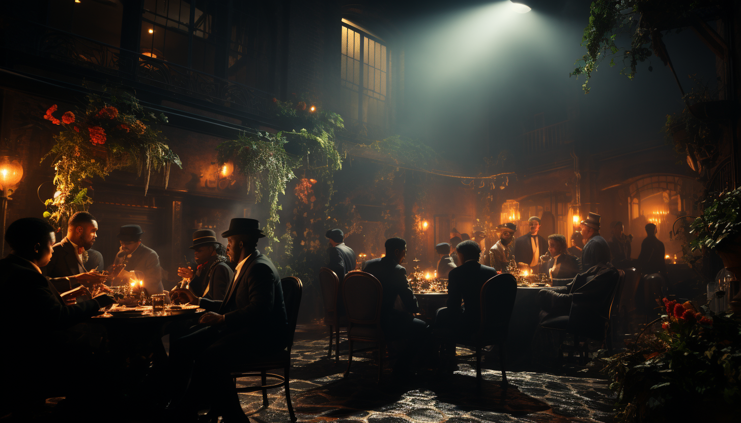 Classic 1920s jazz club, with a live band, elegantly dressed patrons, art deco design, and a moody, smoky atmosphere.