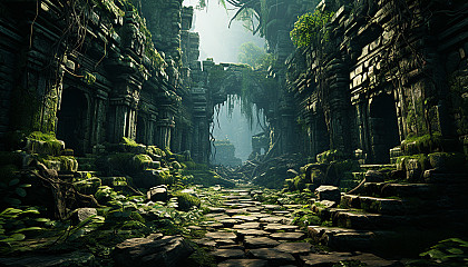 Abandoned ancient temple in a dense jungle, with overgrown vines, mysterious statues, and a hidden treasure chest.