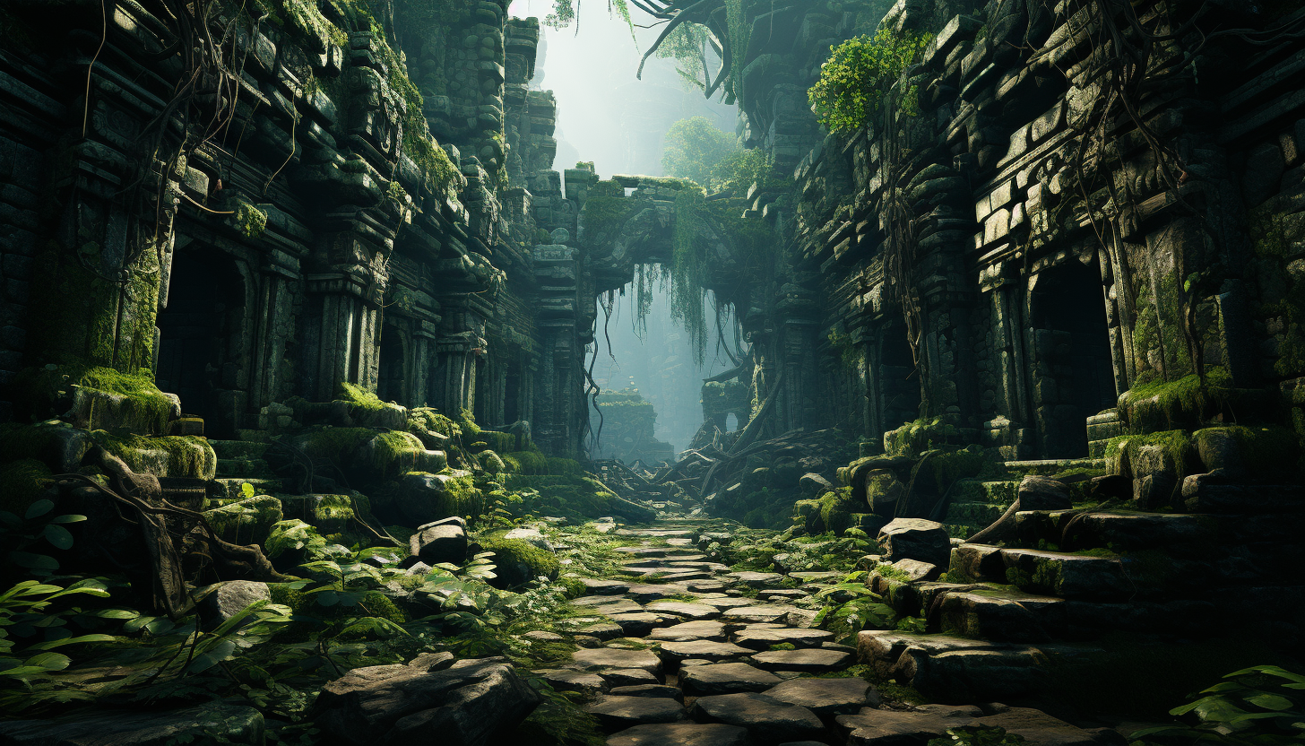 Abandoned ancient temple in a dense jungle, with overgrown vines, mysterious statues, and a hidden treasure chest.