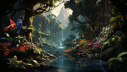 Lush tropical rainforest waterfall, with colorful birds, dense greenery, and a hidden cave behind cascading water.