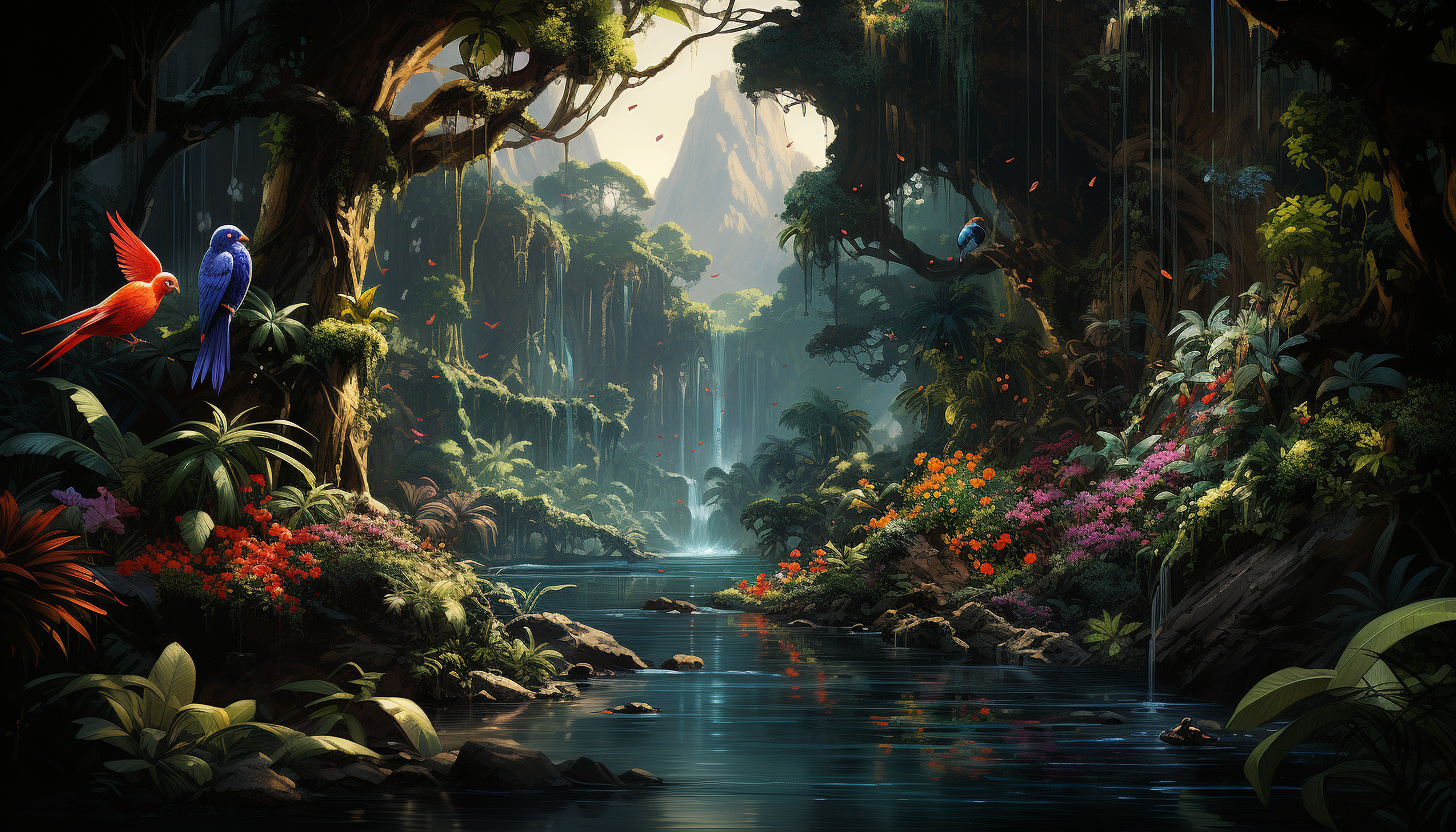 Lush tropical rainforest waterfall, with colorful birds, dense greenery, and a hidden cave behind cascading water.