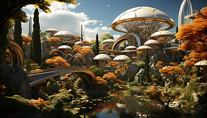 A futuristic botanical garden in a space colony, with exotic alien plants, floating walkways, and a transparent dome showing the cosmos.