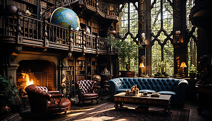 An old library with towering bookshelves, antique books, a globe, and a grand fireplace, with light streaming through stained glass windows.