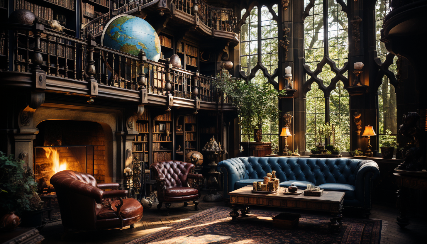 An old library with towering bookshelves, antique books, a globe, and a grand fireplace, with light streaming through stained glass windows.