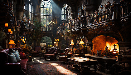 Grand library in a medieval castle, towering bookshelves, ancient manuscripts, a large fireplace, and stained glass windows casting colorful light.