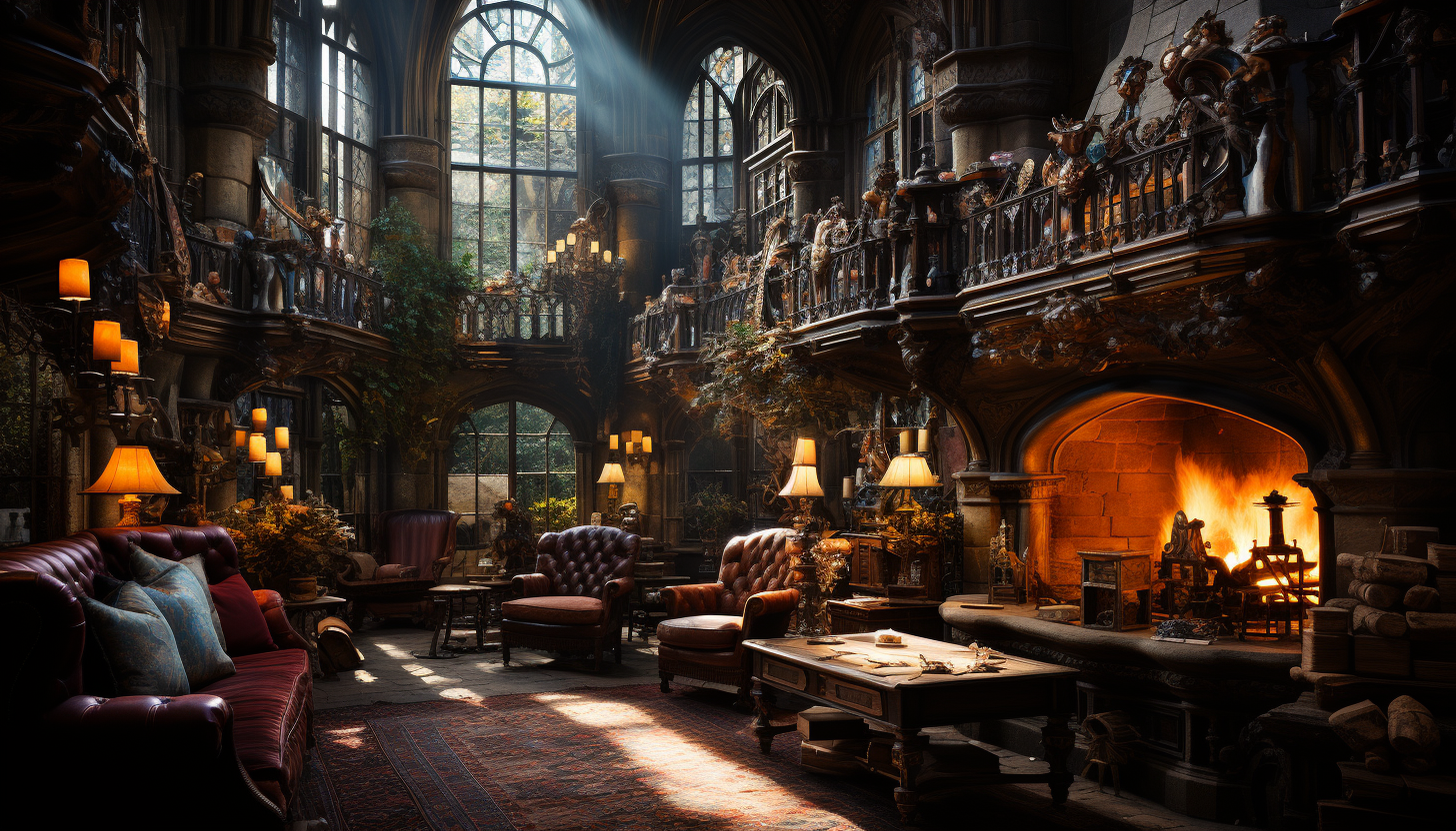 Grand library in a medieval castle, towering bookshelves, ancient manuscripts, a large fireplace, and stained glass windows casting colorful light.