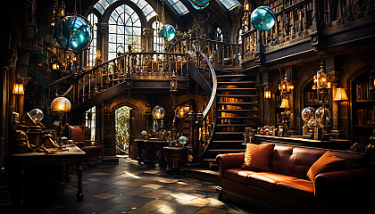 Large, ancient library with towering bookshelves, spiral staircases, antique globes, and a large stained glass window casting colorful light.