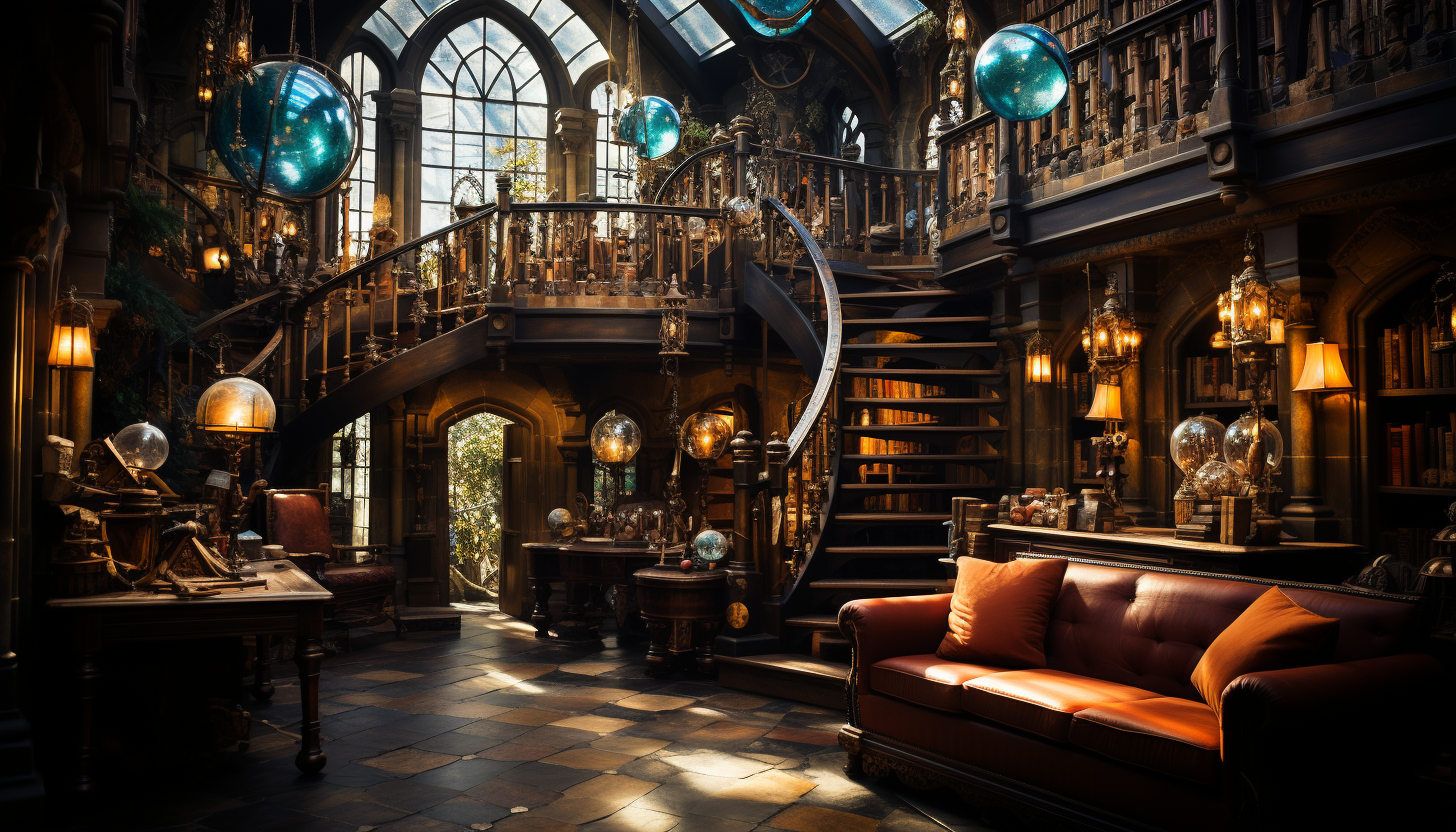 Large, ancient library with towering bookshelves, spiral staircases, antique globes, and a large stained glass window casting colorful light.