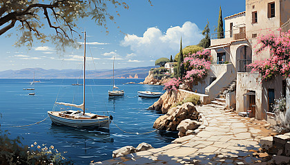 Mediterranean coastal village, white and blue houses, winding streets, blooming bougainvillea, and fishing boats in the harbor.