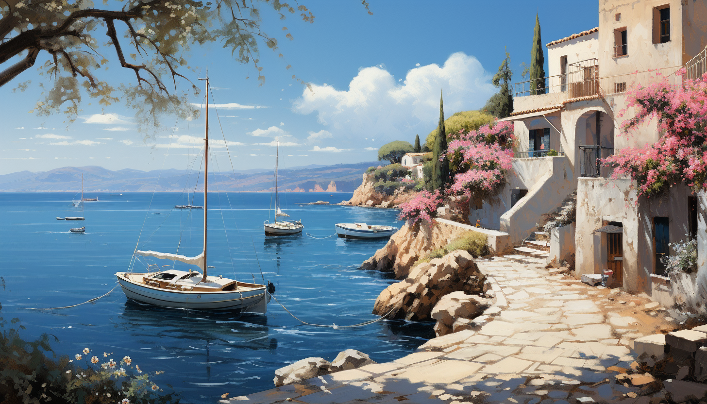 Mediterranean coastal village, white and blue houses, winding streets, blooming bougainvillea, and fishing boats in the harbor.