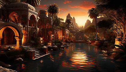 Desert oasis at sunset, featuring a tranquil pool, palm trees, camels resting, and ancient ruins under a vivid, orange sky.