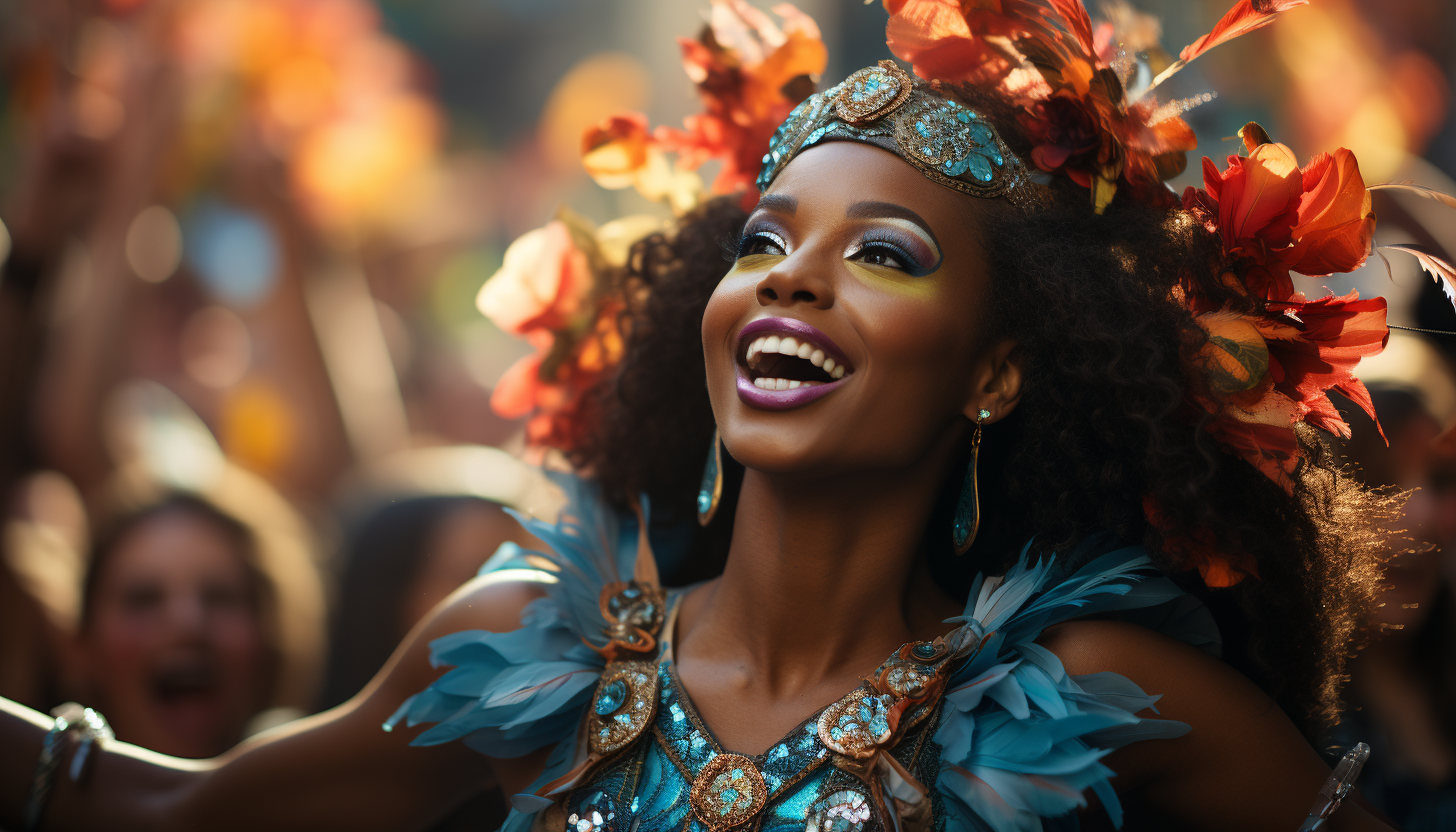 Vibrant carnival in Rio de Janeiro, with dancers in colorful costumes, elaborate floats, and a crowd of festive spectators.