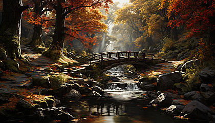 Autumnal forest path covered in fallen leaves, with a wooden bridge over a babbling brook and rays of sunlight filtering through the trees.
